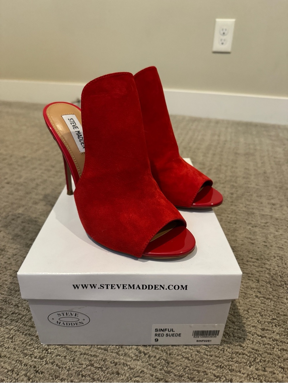 Sinful by Steve Madden Red Suede Peep-Toe Mule Heels